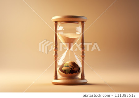 AI-generated content. Earth day concept - Earth inside an hourglass, with sand running out to signify the urgency of environmental action 111385512