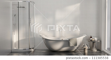 Minimal style white bathroom 3d render, white wall and ceramic floor, The room has large windows. 3d render 111385538