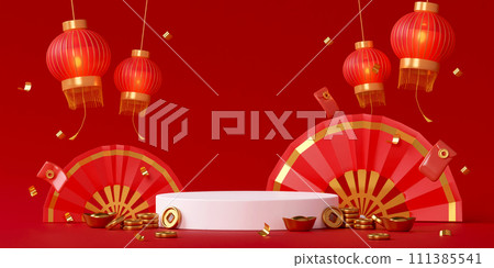 Red podium chinese new year concept. product stand podium background pedestal 3D rendering illustration 111385541