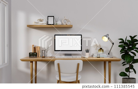 Workplace, computer with blank empty white screen display monitor on desk. Mock up, copy space. Home office concept. Business, working from home, studying, e-learning, web site concept. 3D rendering Workplace, computer with blank empty white screen display monitor on desk. Mock up, copy space. Home office concept. Business, working from home, studying, e-learning, web site concept. 3D rendering 111385545
