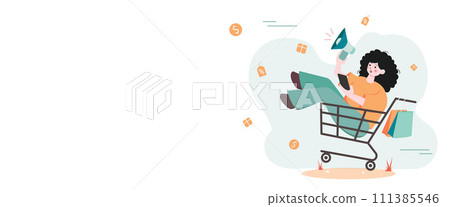 young woman sitting in shopping cart. Sales during shopping and purchase concept. Shopping and sales pleasure in the shop. Vector illustration young woman sitting in shopping cart. Sales during shopping and purchase concept. Shopping and sales pleasure in the shop. Vector illustration 111385546