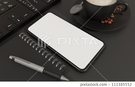 Black office desk table with laptop, smartphone and supplies. telephone mockup. interior design concept. 3d rendering. 111385552
