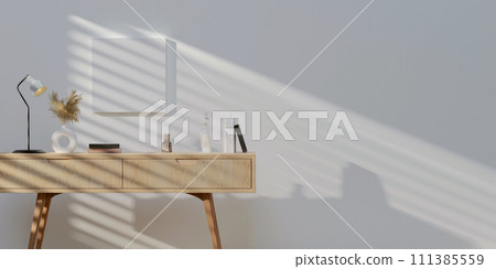 Blank poster frame mock up in Living room. modern living room interior background, beige wood table. 3d rendering illustration. 111385559