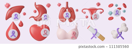 Cancer 3D symbol icon set. World Cancer Day concept, Raise awareness, prevention, detection, treatment. Icon design 3d illustration 111385560