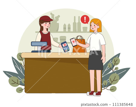 Contactless cashless payment with credit card on mobile phone. paying problem fail or reject on screen. vector illustration Contactless cashless payment with credit card on mobile phone. paying problem fail or reject on screen. vector illustration 111385648