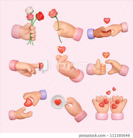 3d icon set of Valentine's day and hand for love, Valentine's Day Concept.3d rendering illustration. Clipping path. 3d icon set of Valentine's day and hand for love, Valentine's Day Concept.3d rendering illustration. Clipping path. 111385649