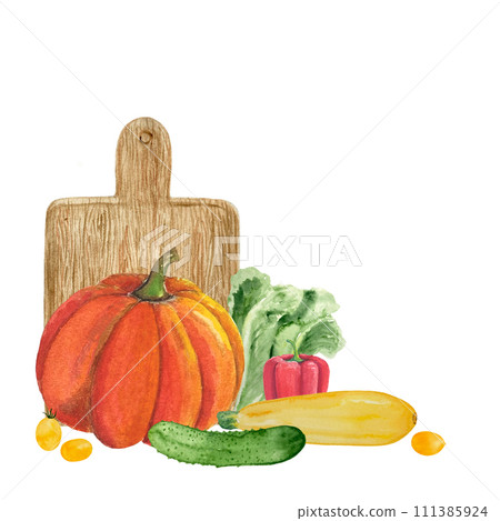 Watercolor hand drawn vegetable composition with a wooden cutting board isolated on white 111385924