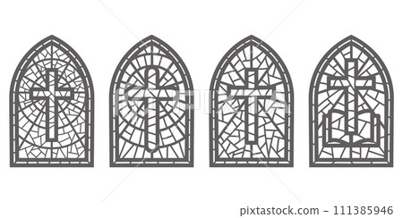 Church glass windows. Stained mosaic catholic and christian frames with cross. Vector outline gothic medieval arches isolated on white background Church glass windows. Stained mosaic catholic and christian frames with cross. Vector outline gothic medieval arches isolated on white background 111385946