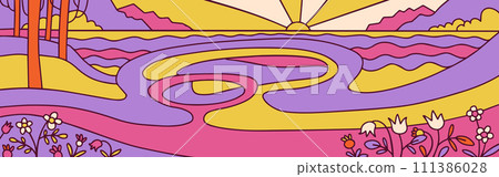 70s groovy landscape Background with abstract mountains, sunset. Postcard designs with colorful abstract shapes. Vector linear hand drawn illustration 70s groovy landscape Background with abstract mountains, sunset. Postcard designs with colorful abstract shapes. Vector linear hand drawn illustration 111386028