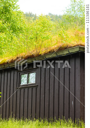 Norwegian house with grass roof Norwegian house with grass roof 111386181