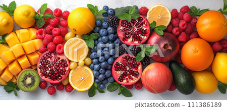 Horizontal background of bright fruits. Ripe fruits apples, bananas, grapes, kiwi, avocado, raspberry on a stone background. Copy space. Horizontal background of bright fruits. Ripe fruits apples, bananas, grapes, kiwi, avocado, raspberry on a stone background. Copy space. 111386189