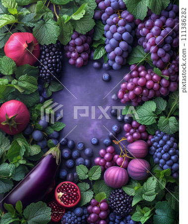 Purple composition. Background bright fruits and vegetables apples, grapes, greens, blueberries, eggplant, figs, cabbage, pomegranate, blackberry on purple background. Copy space. Purple composition. Background bright fruits and vegetables apples, grapes, greens, blueberries, eggplant, figs, cabbage, pomegranate, blackberry on purple background. Copy space. 111386282