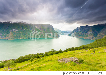 Aurland fjord from Stegastein view point, Norway Aurland fjord from Stegastein view point, Norway 111386295