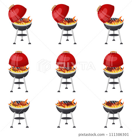 A barbecue grill set, a red-hot grill with cooking meat. Vector illustration on a white background 111386301