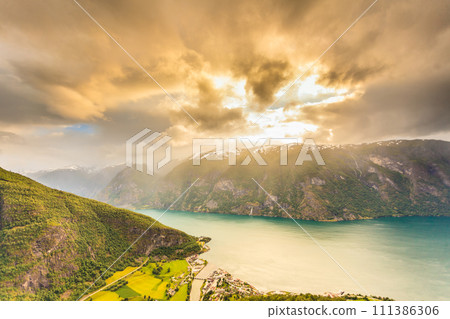 View of the fjords and Aurland valley in Norway View of the fjords and Aurland valley in Norway 111386306