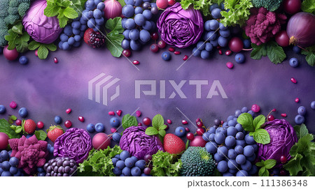 Purple composition. Background bright fruits and vegetables apples, grapes, greens, blueberries, eggplant, figs, cabbage, pomegranate, blackberry on purple background. Copy space. Purple composition. Background bright fruits and vegetables apples, grapes, greens, blueberries, eggplant, figs, cabbage, pomegranate, blackberry on purple background. Copy space. 111386348
