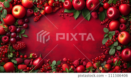Vibrant array of red fruits and berries artfully arranged on rich crimson background Vibrant array of red fruits and berries artfully arranged on rich crimson background 111386406