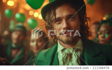 Happy St. Patrick's Day. Man in green hat celebrates St. Patrick's Day surrounded by crowd and green in festive atmosphere. 111386476