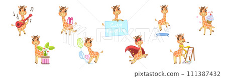Cute Little Giraffe with Long Neck in Different Activity Vector Set Cute Little Giraffe with Long Neck in Different Activity Vector Set 111387432
