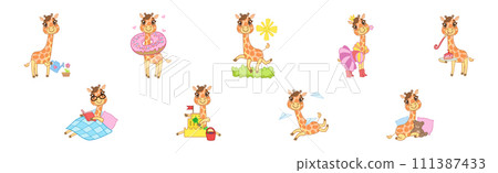 Cute Little Giraffe with Long Neck in Different Activity Vector Set Cute Little Giraffe with Long Neck in Different Activity Vector Set 111387433