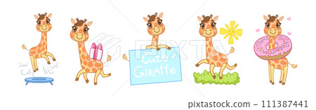 Cute Little Giraffe with Long Neck in Different Activity Vector Set 111387441