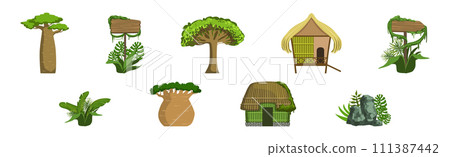 Tropical Jungle Landscape Design Elements and Object Vector Set 111387442