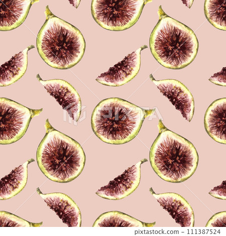 Juicy ripe slices of cut green purple fig fruit seamless pattern. Food, plant clipart for fabric, label, wallpaper, packaging textile. Hand drawn watercolor illustration Isolated peach fuzz background Juicy ripe slices of cut green purple fig fruit seamless pattern. Food, plant clipart for fabric, label, wallpaper, packaging textile. Hand drawn watercolor illustration Isolated peach fuzz background 111387524