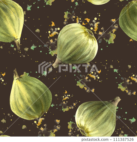 Ripe, juicy fruits of green figs, whole fruits seamless pattern. Food, plant clipart for fabric, label, wallpaper, packaging textile. Hand drawn watercolor illustration. Isolated on dark background 111387526