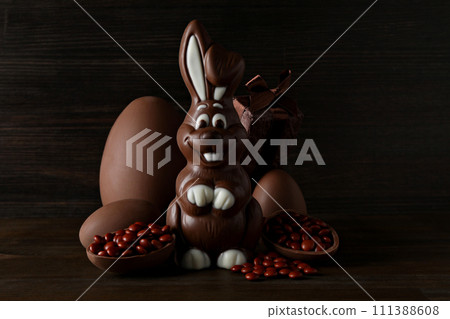 Chocolate eggs with a chocolate rabbit on a dark background 111388608