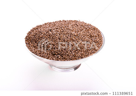 dried grains bird food. Canary seed in the glass pot. 111389651