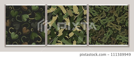 Khaki green camo patterns with silhouettes of cats, hearts, head carnival masks. Dense composition with overlapping elements. For apparel, fabric, textile, sport goods design Khaki green camo patterns with silhouettes of cats, hearts, head carnival masks. Dense composition with overlapping elements. For apparel, fabric, textile, sport goods design 111389949