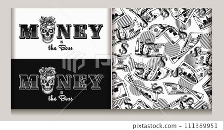 Money vintage seamless pattern, label with skull, 100 dollar bills, dollar sign. Text Money is the boss. Concept of supremacy of money. For clothing, t shirt design. Vintage style Money vintage seamless pattern, label with skull, 100 dollar bills, dollar sign. Text Money is the boss. Concept of supremacy of money. For clothing, t shirt design. Vintage style 111389951