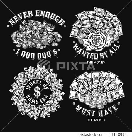 Set of black and white money vintage labels with 100 US dollar notes, golden coins, text. Concept illustrations on black background in vintage style. For prints, clothing, apparel, t shirt design 111389953