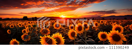 sunflower field where farmers harvest sunflower heads full of seeds. Generative AI 111390249