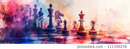watercolor background with chessboard with surreal figures, survival game. 111390256