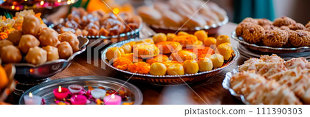 family gathering during Eid with delicious traditional Indian sweets and festive decorations. 111390303