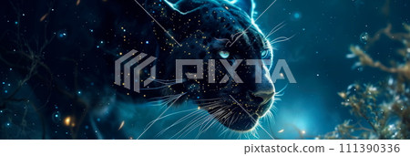 panther with eyes that reflect the cosmos, set against a moonlit backdrop with swirling galaxies. 111390336