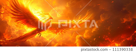 phoenix with golden feathers, soaring against a background of a fiery sunrise and cascading clouds. 111390338