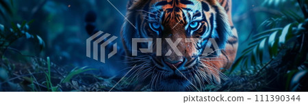 tiger with sapphire-blue eyes, prowling in a jungle illuminated by the soft light of the moon tiger with sapphire-blue eyes, prowling in a jungle illuminated by the soft light of the moon 111390344