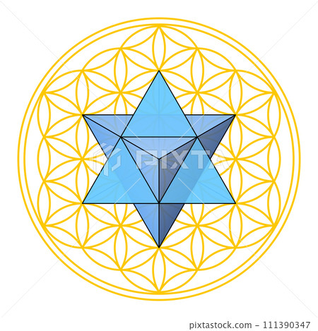 Flower of Life with Merkaba, Sacred Geometry. Star tetrahedron, a double tetrahedron, positioned in in the center of geometrical figure, composed of overlapping circles, forming a flower-like pattern. 111390347