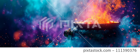 potion cauldron bubbling with abstract colors and shapes, its magical brew cascading into a watercolor background. 111390376