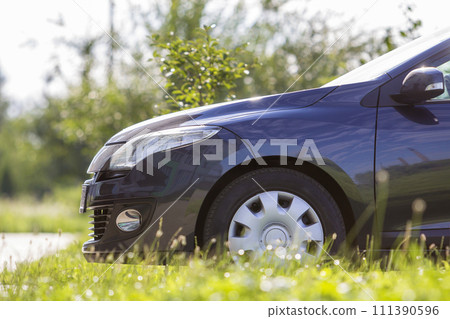 Close-up detail front of modern new shiny empty black car parked outside road in high grass on bright summer sunny day on blurred green trees background. Transport, pollution and ecology concept. Close-up detail front of modern new shiny empty black car parked outside road in high grass on bright summer sunny day on blurred green trees background. Transport, pollution and ecology concept. 111390596