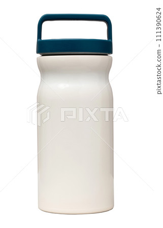 White tumbler with green lid isolated on white background 111390624