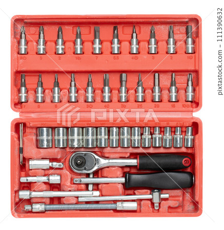 Set of mechanical tools in red plastic box. Set of mechanical tools in red plastic box. 111390632