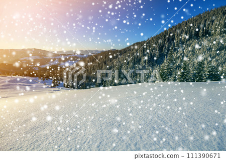 Winter Christmas landscape of mountain valley on frosty sunny day. Covered with frost tall fir-trees in deep snow, woody dark mountain ridge, soft glow on horizon, blue sky copy space background. Winter Christmas landscape of mountain valley on frosty sunny day. Covered with frost tall fir-trees in deep snow, woody dark mountain ridge, soft glow on horizon, blue sky copy space background. 111390671