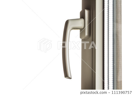 White handle on a new plastic window in renovated house 111390757