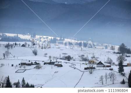 Winter landscape with small village houses between snow covered forest in cold mountains 111390804