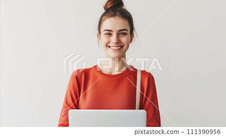 AI-generated content. Woman Holding Laptop Computer 111390956