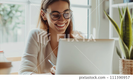 AI-generated content. Woman Using Laptop Computer at Table 111390957