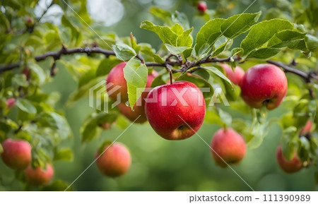 Ripe apple tree in foreground, soft-focus garden 111390989